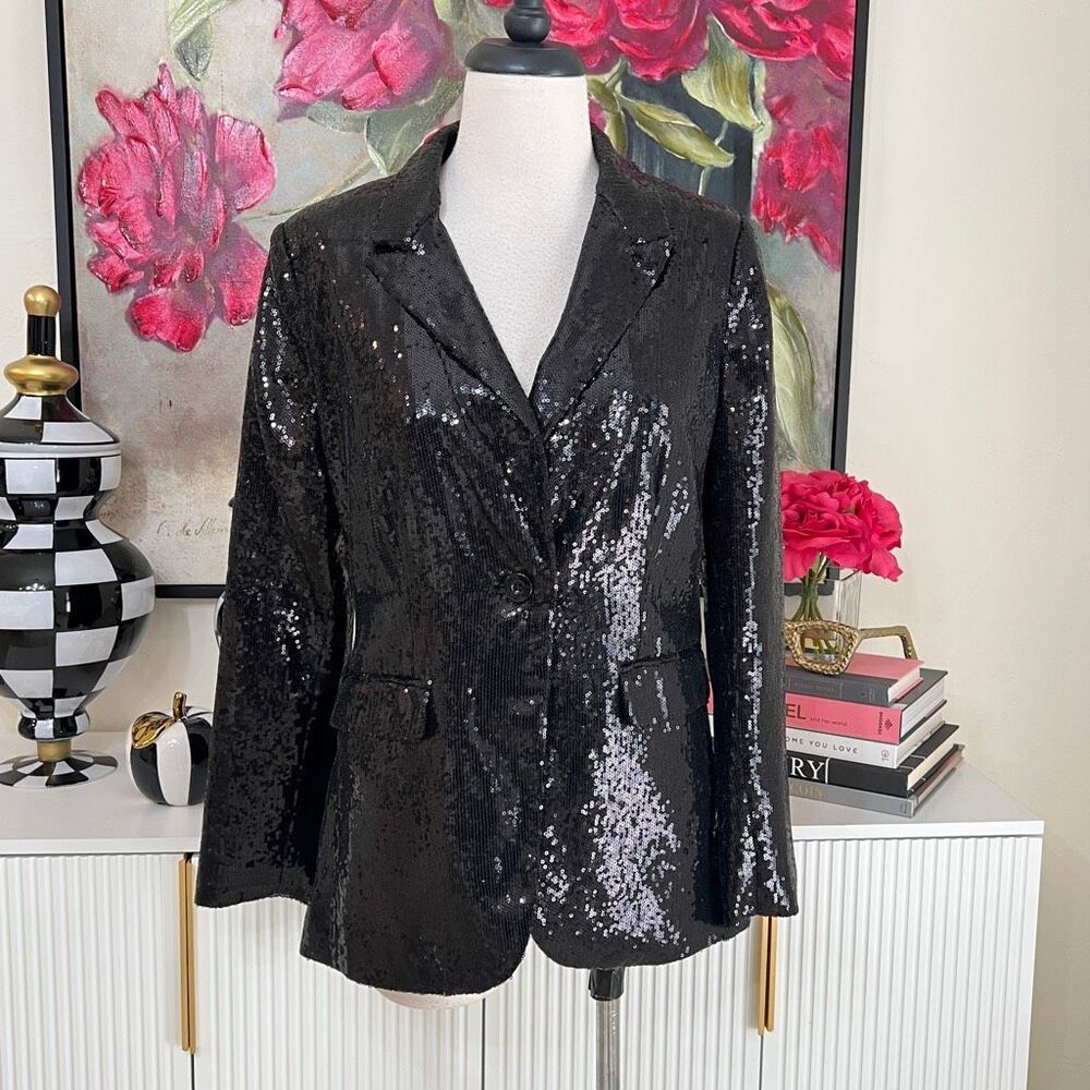 Linea Domani Women's Lined Sequins One Button Long Blazer Black Medium NWT